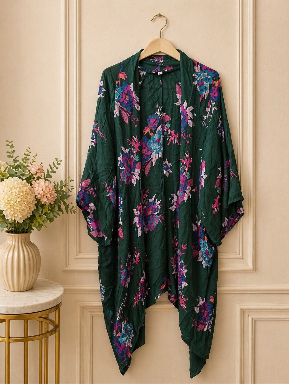 Patrons of Peace Medium Emerald Floral Open-Front Kimono